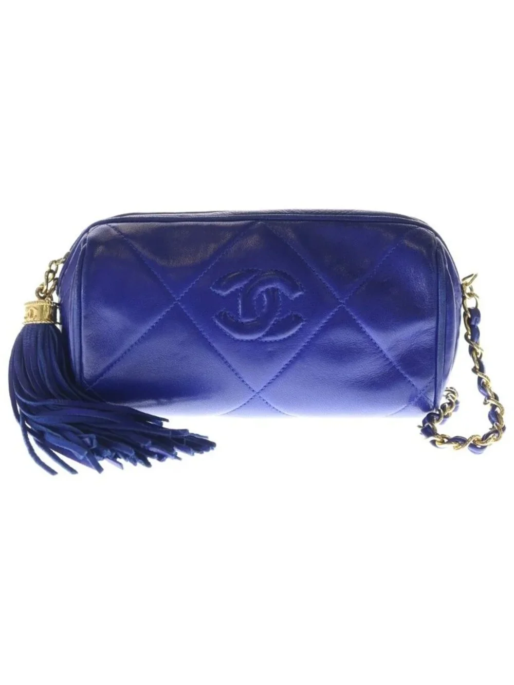 Chanel Quilted Fringe Charm Tassel Mini Chain Shoulder Bag Blue Leather Gold